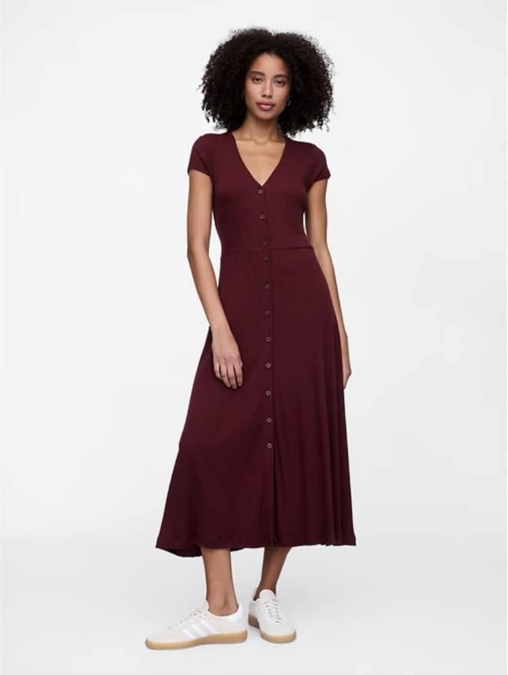 Gap Ribbed V-Neck Midi Dress. Classic Button-Front V-Neck Midi Dress in Burgundy
